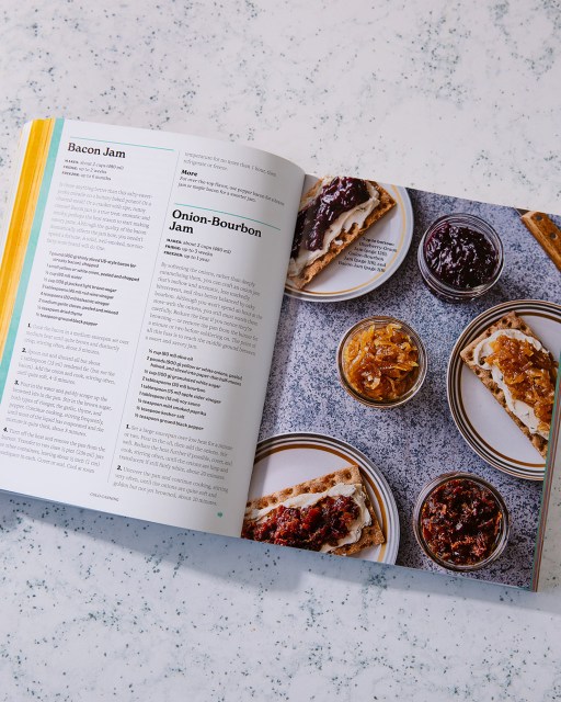 Cold Canning book open to page that displays recipes on the left and food photographs on the right
