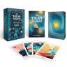 Image of "The Eras Tarot" box plus included guidebook, travel card box, and four face-up cards from the deck